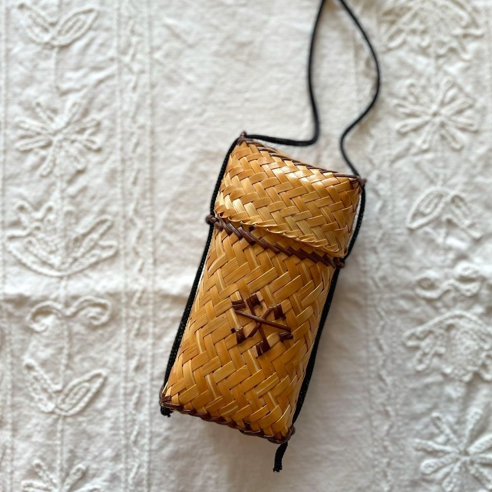 Small Hand Woven Neck Hanging Straw Case or Tiny Crossbody Bag